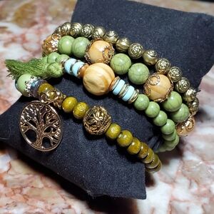 Set of 4 Green Wood Beaded Bracelets with Gold Tone Tree of Life Charm
